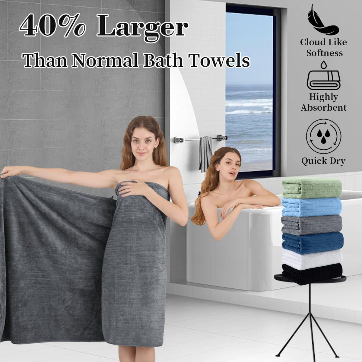 4-Pack Extra Large Bath Sheet - 35"x70", Ultra Soft Premium Microfiber, Highly Absorbent & Quick Dry - Bathroom, Hotel & Spa Shower Towel - Gray, Navy Blue, Pink, Black & Multi-Color