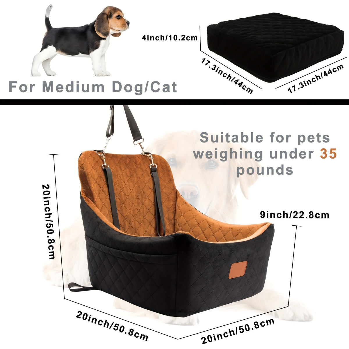 Dog Car Seat for Medium to Large Dogs – Washable Memory Foam Pet Travel Car Bed with Seat Belt Pass-Through, Adjustable Straps & 3-Point Installation, Gray, Black, Brown, All Black, Black-Gray