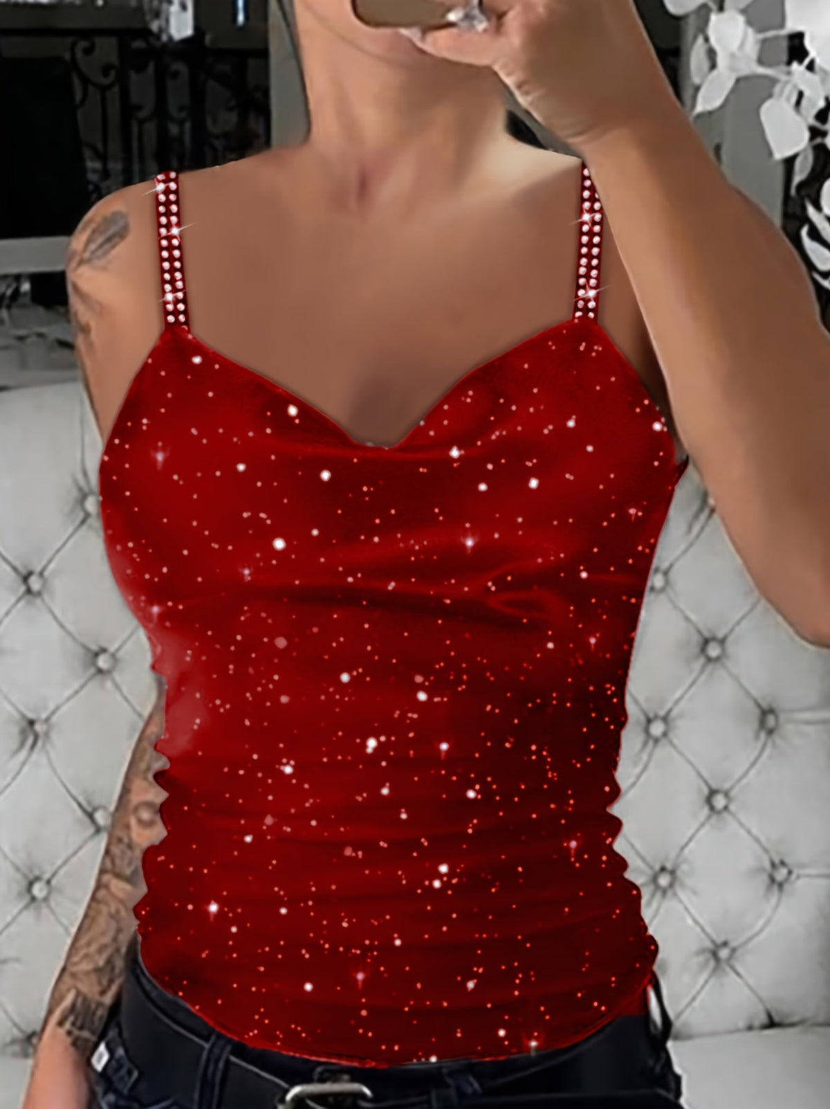 Women's Sequin Rhinestone Strap Cami Top Sexy V-Neck Sleeveless Tank Top Glam Party Night Out Tops Spring Summer Fall S M L XL XXL