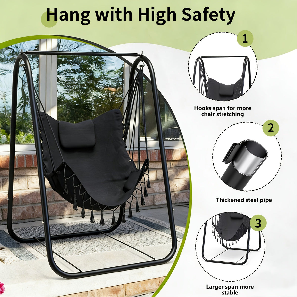Metal A-Frame Outdoor Swing Chair with Stand – Rust-Proof Hammock Chair for Patio, Garden & Poolside, 500 LBS Capacity, 10-Min Assembly, Neck Cushion & Side Pocket, Gray Blue Navy Teal – Nova Mart
