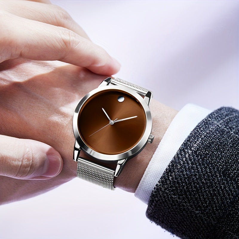 Men's Minimalist Stainless Steel Band Quartz Watch, Slim Round Dial, Casual Fashion Everyday Wear, Gift for Him, Silver Brown