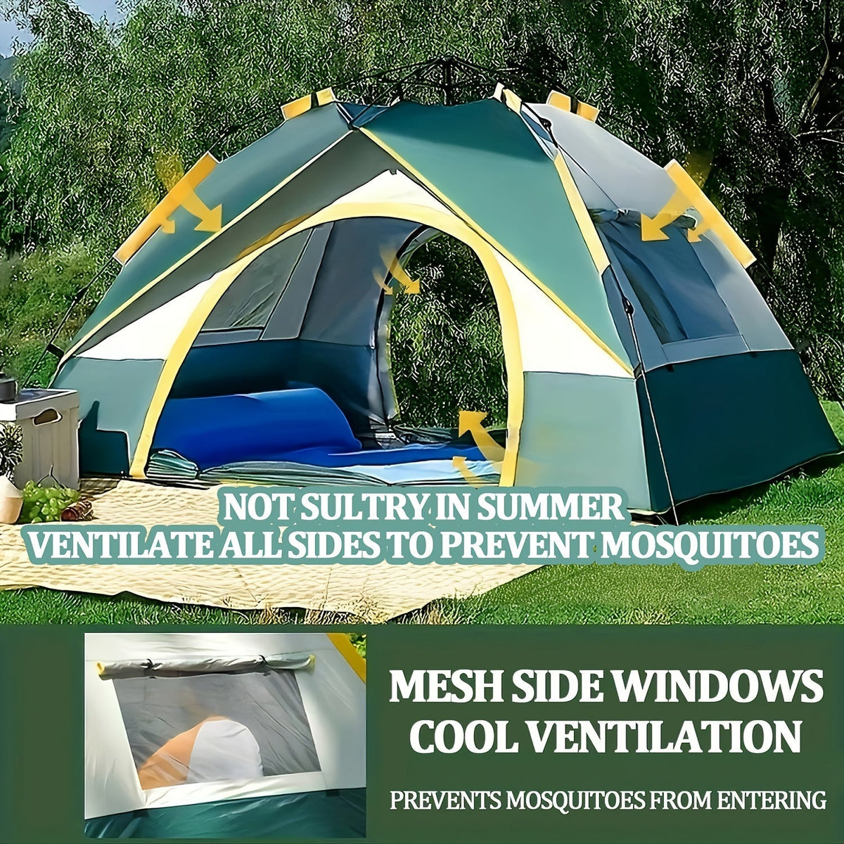 4-Person Pop-Up Camping Tent, Instant Setup with UV Protection, Insect Netting & Sunshade, Automatic Family Tent in Dark Green for Beach, Park, Camping, Hiking, and Outdoor Adventures, Featuring Sturdy Zippers & Support Poles