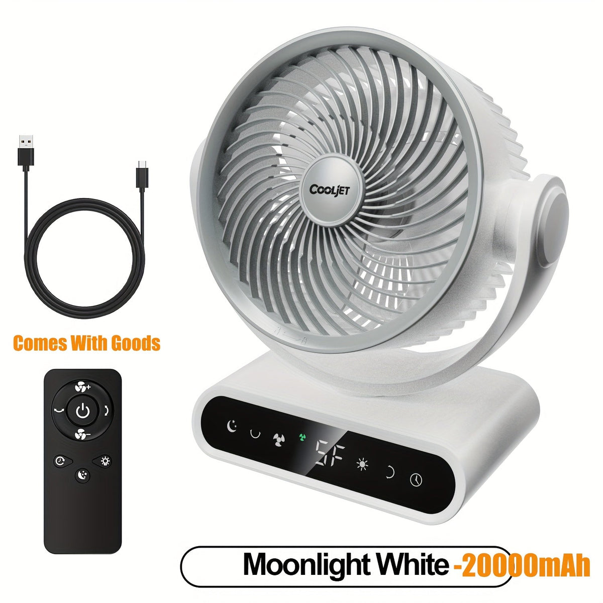 Portable Battery Fan 20000mAh / 40000mAh – 9-Inch 5-Speed Oscillating Fan with Remote 12 LED Warm Lights 14H-50H Runtime for Outdoor Camping Home Office
