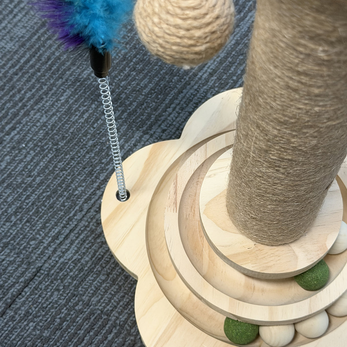 Multi-Level Cat Scratching Post Premium Sisal with 6 Wooden Toy Balls, 2 Hanging Balls, 2 Feather Teaser Toys, Non-Slip Base, Interactive Cat Tree for Indoor Cats and Kittens