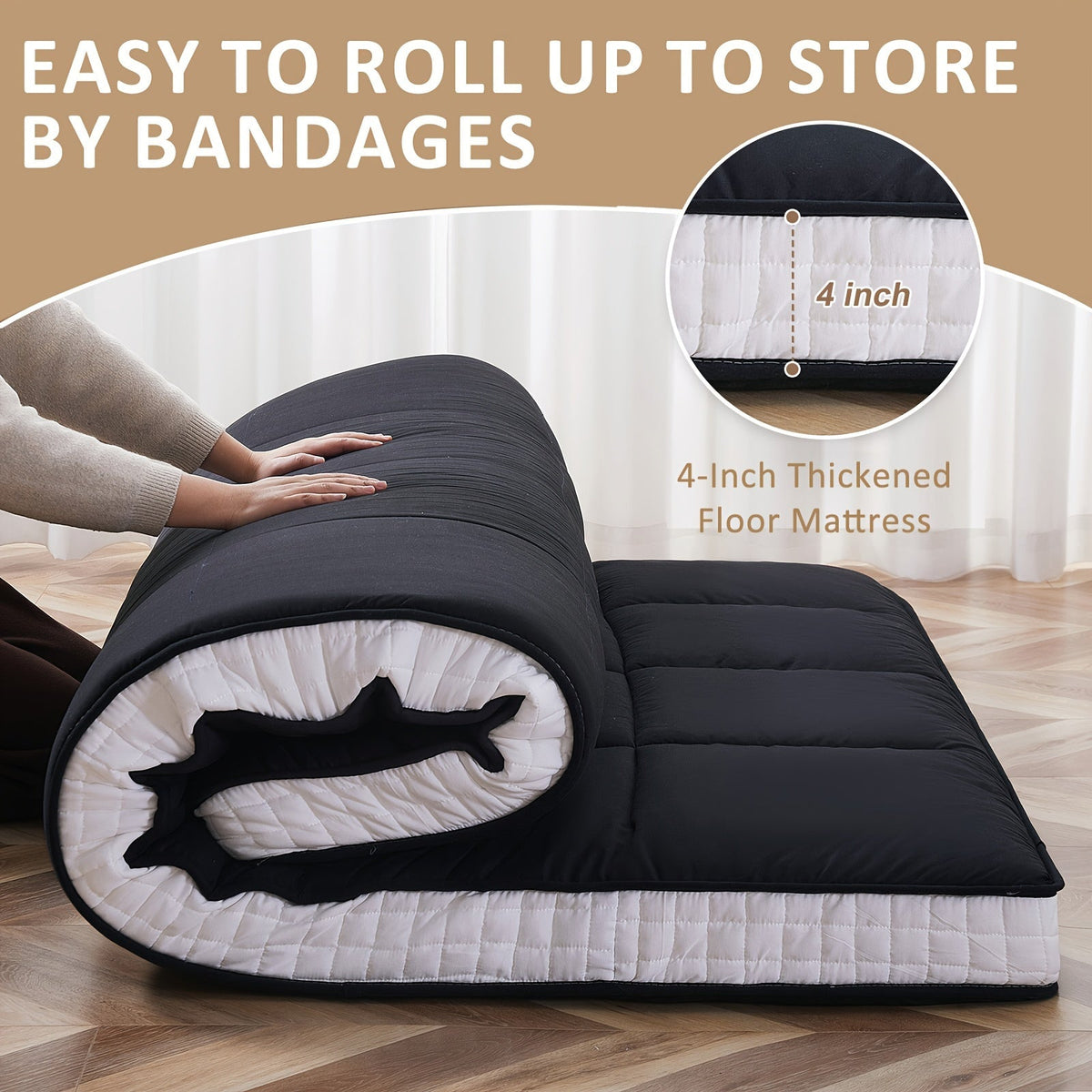 Japanese Floor Mattress Futon Twin Full Queen, Foldable Roll Up Tatami Sleeping Mat, Portable Floor Lounger Guest Bed for Camping & Couch, 4 Inch Thick, Black Gray