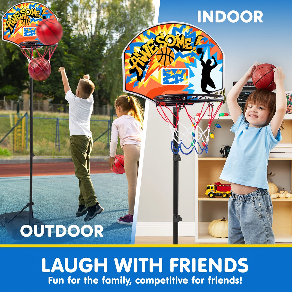 SYNCFUN Kids Basketball Hoop Adjustable Height 2.8–6.2 Ft Indoor & Outdoor Portable with 4 Balls & Pump Triangular Base for Boys & Girls Age 3+