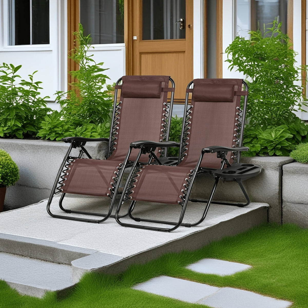 Set of 2 Zero Gravity Recliner Lounge Chairs – 500 LB Capacity Lockable Reclining Detachable Tray Cup Holder for Patio Lawn Garden & Beach in Blue Brown & Stripe Patterns