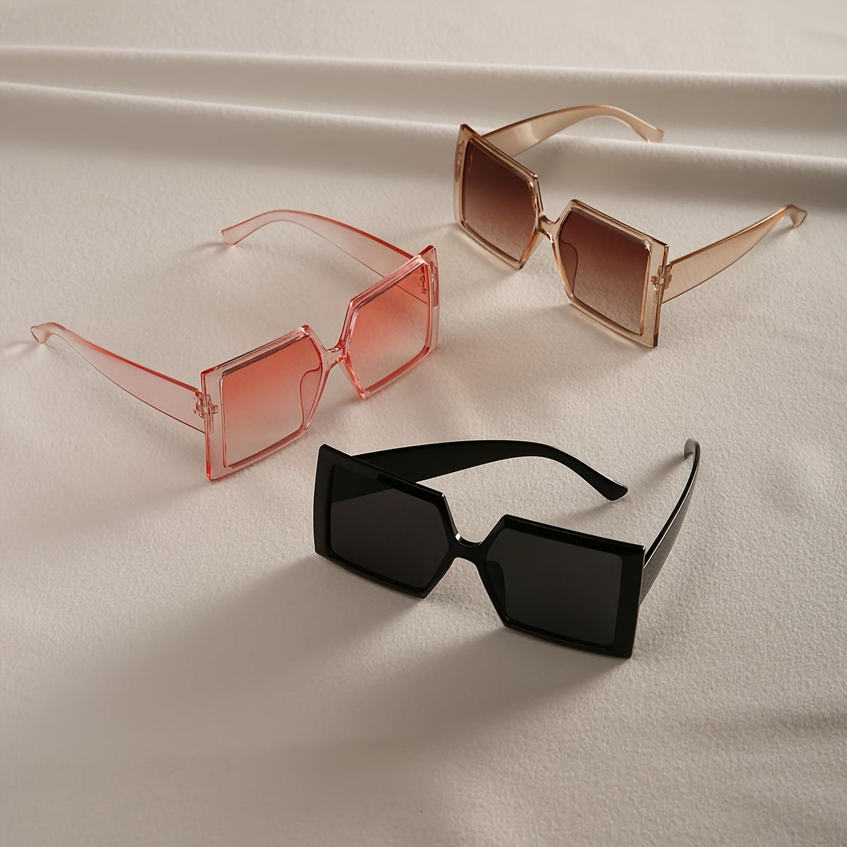 3-Pack Women's Oversized Flat Top Fashion Sunglasses Set - Large Square Frame Trendy Retro Eyewear in Pink, Champagne, and Black for Beach, Driving, Travel & Everyday Style