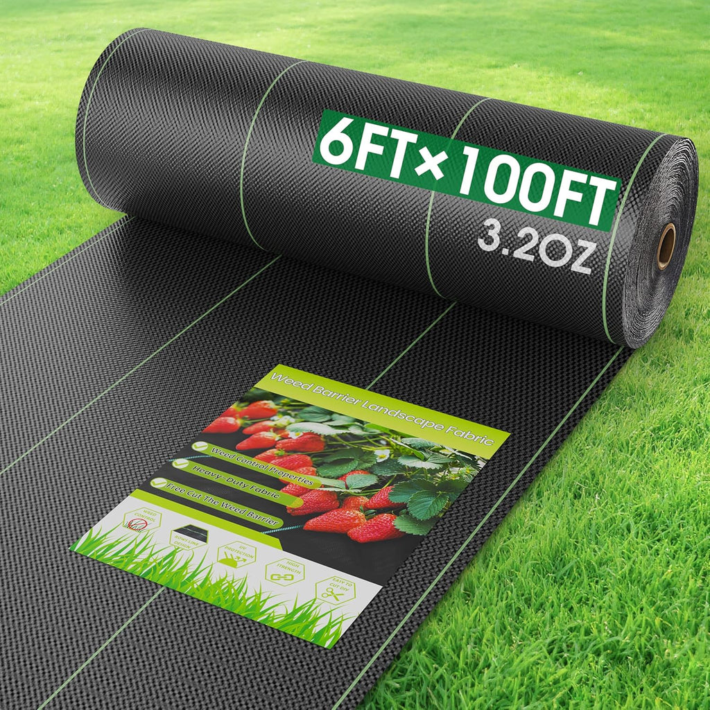 Heavy-Duty Weed Barrier Landscape Fabric 3.2oz - Durable Weed Control Mat with Alignment Lines for Garden Bed, Landscaping, Driveway & Underlayment - 5, 6 & 8 ft Wide
