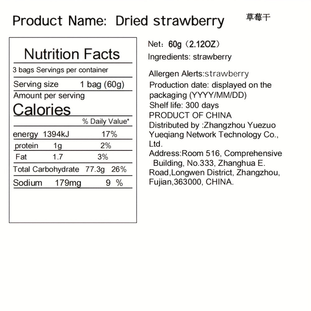 Dried Strawberry Snacks 3-Bag Pack, Low Sugar, Natural, Gluten-Free Fruit Snack for Office, Parties, and Holidays