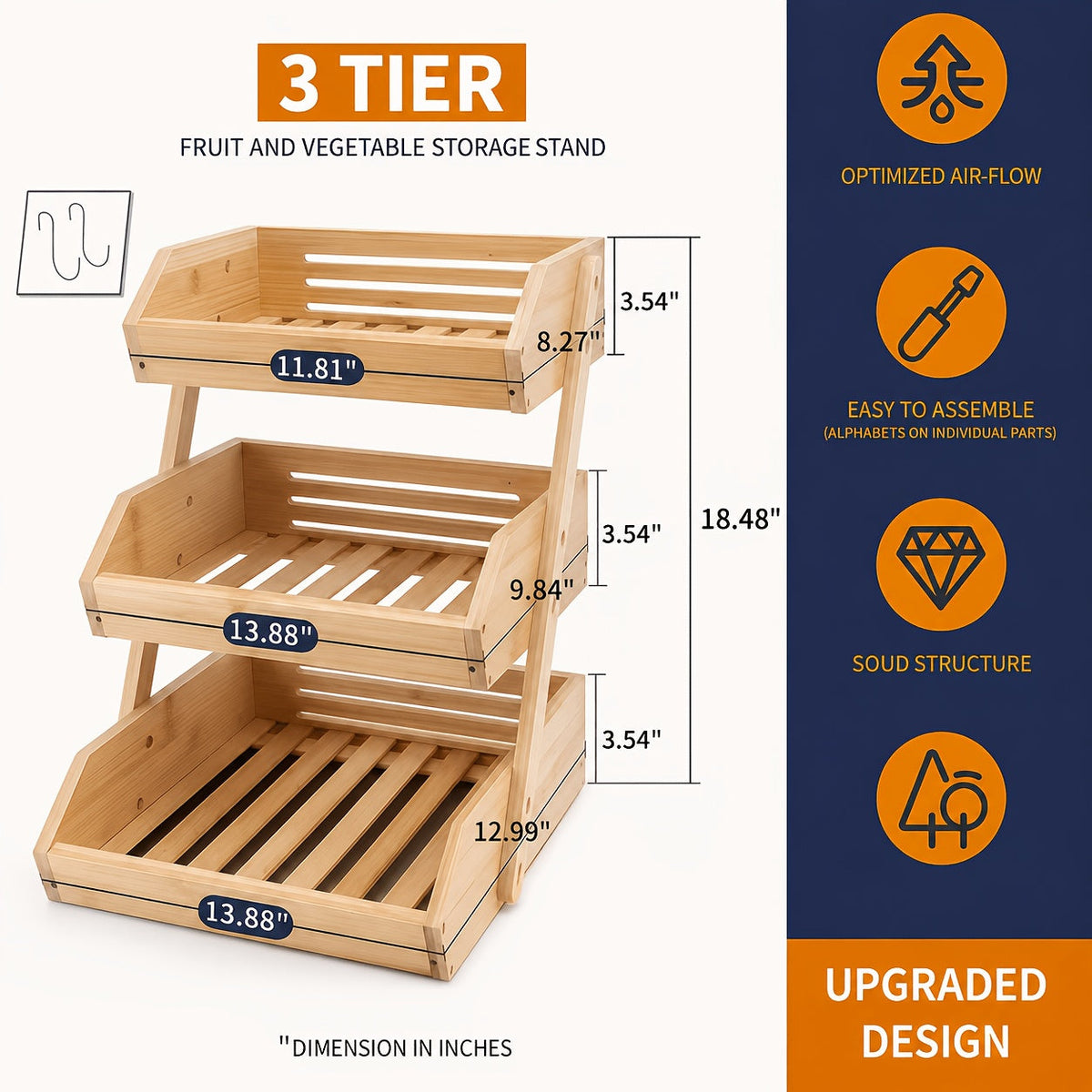 2 & 3-Tier Wooden Fruit Basket Stand - Countertop Kitchen Organizer, Open Slat Airflow Design, Banana Hooks & Non-Slip Pads - Fruits, Vegetables, Bread & Produce - Easy Assembly - Natural Wood Finish