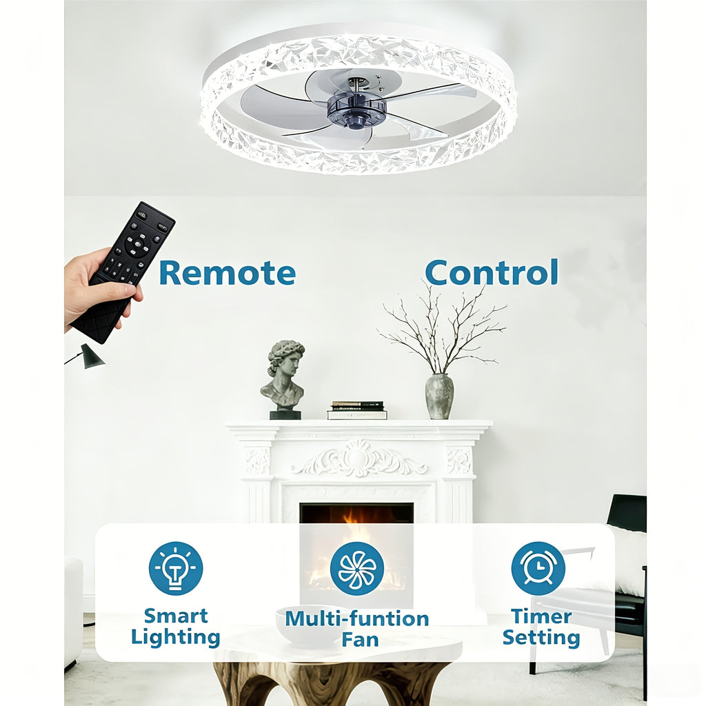 20 Inch Flush Mount Ceiling Fan with Light and Remote Dimmable 3000K-6000K LED Bladeless Low Profile Fandelier for Bedroom Living Room Kitchen White