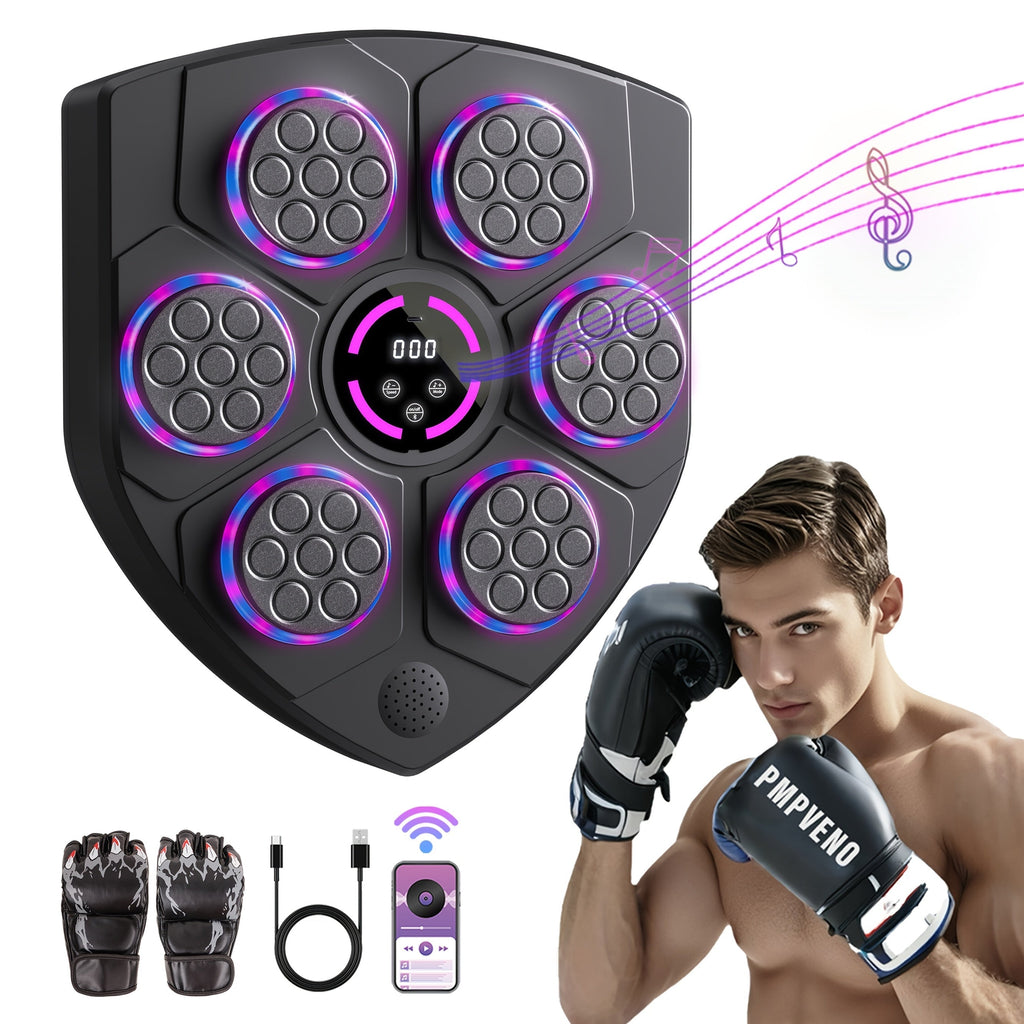Smart Music Boxing Machine Wall-Mounted Punching Trainer with LED Lights, Wireless Bluetooth Electronic Boxing Target for Adults, Home Gym Fitness Striking Equipment (Includes Boxing Gloves)