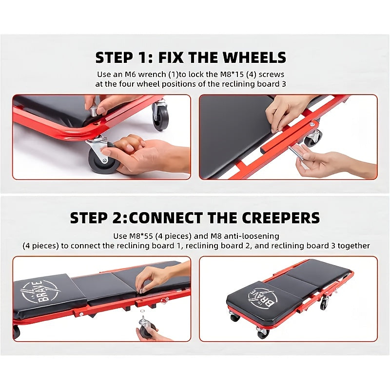 36-Inch Heavy-Duty 3-in-1 Folding Mechanic Creeper with Adjustable Z-Seat - 6 Lockable Swivel Casters, 350-650 Lb Capacity, Vinyl Padded Seat & Headrest, Professional Automotive Repair Crawler