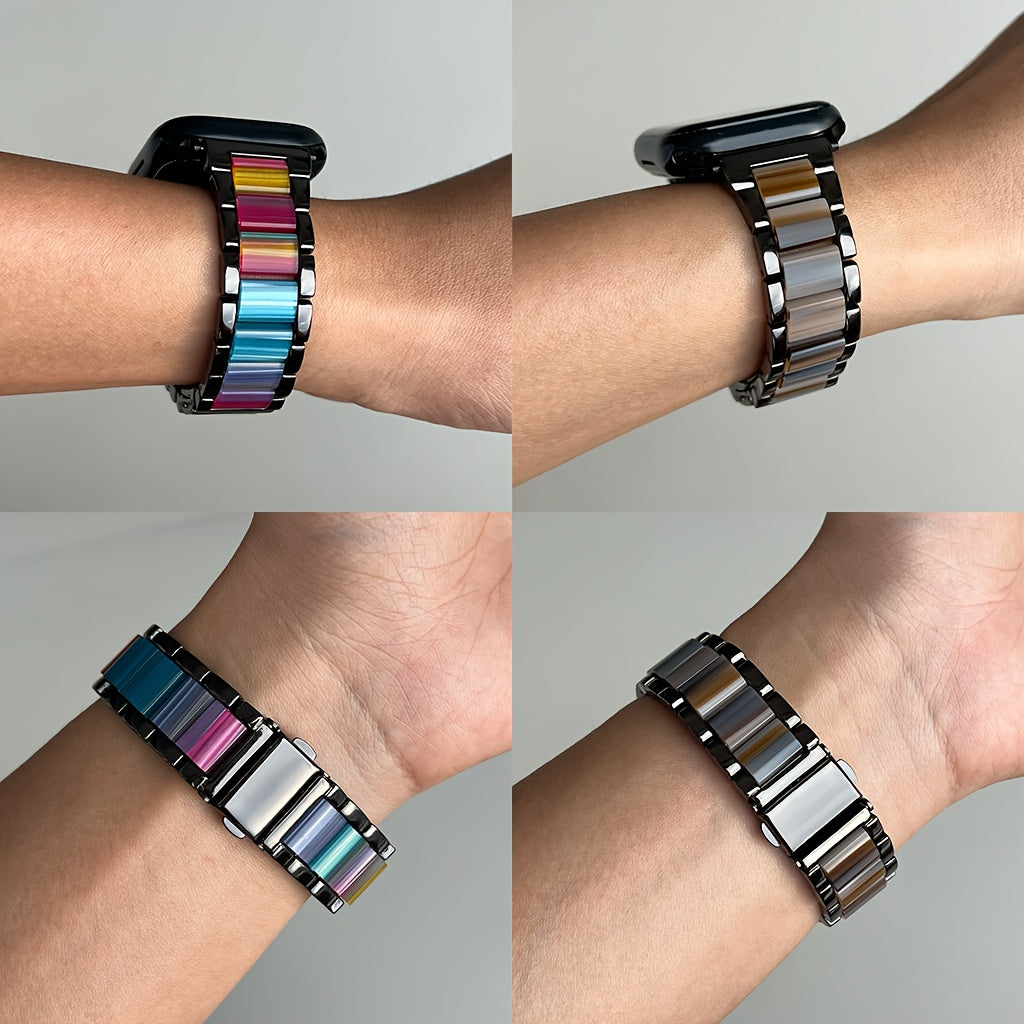 Apple Watch Band 42/44/45/46/49mm Women's Stainless Steel Resin Metal Replacement Strap Starlight Rainbow for iWatch Series 11 10 9 8 7 6 5 4 3 SE Ultra for Work, Office, Fitness, Party