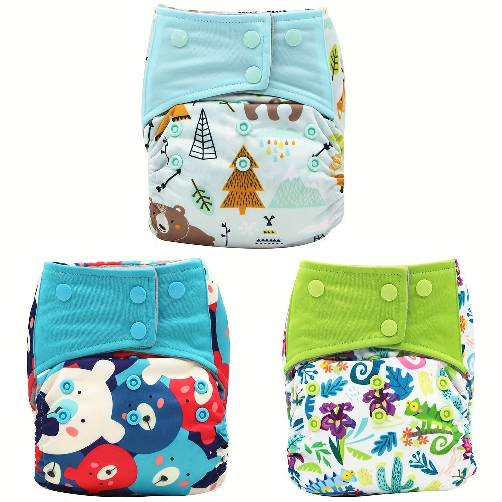 Reusable Cloth Diaper Set of 3 for Baby 0-2 Years, Washable Adjustable One-Size Pocket Diapers Fits 6.6-33 lbs, Cute Print Unisex Cloth Nappies for Boys & Girls