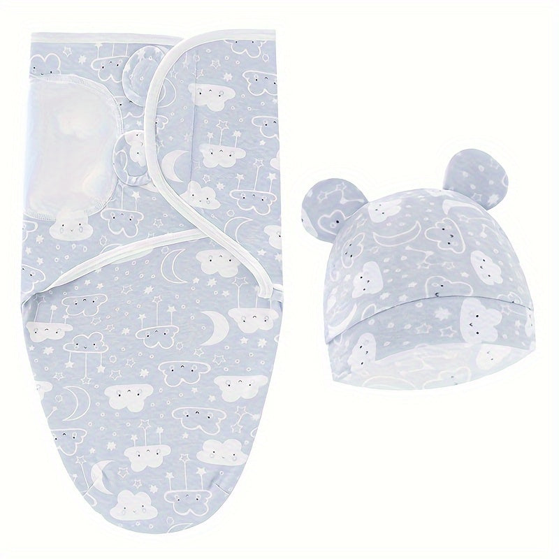 Newborn Blanket and Hat Gift Set for Baby Boys & Girls 0-6 Months, Soft Infant Swaddle Blanket with Matching Beanie, Cute Clouds & Jackrabbit Print Baby Shower Gift