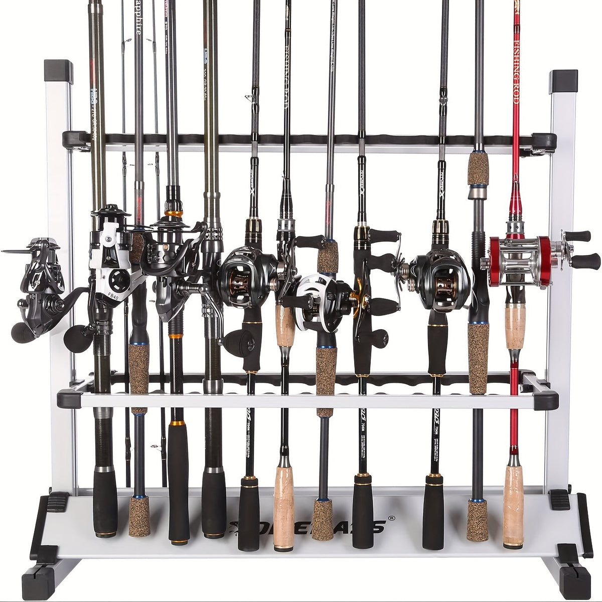 Portable Fishing Rod Holder Rack for 24 Rods, Aluminum Alloy, Rust-Resistant with Cushioned Grips - Lightweight Organizer for Garage, Cabin, Bedroom & Fishing Storage