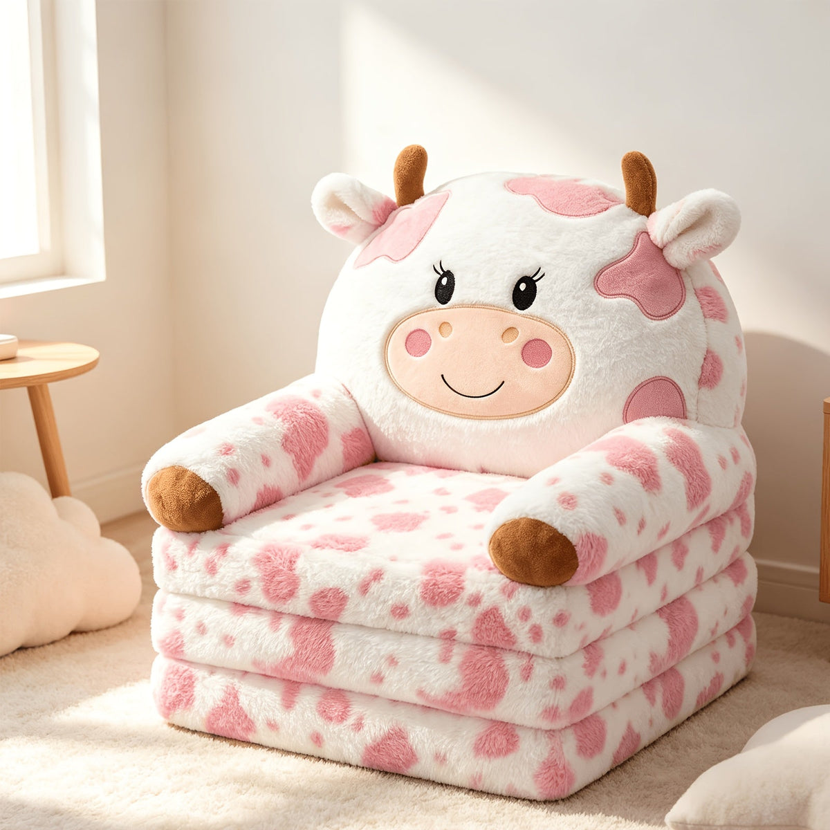 Kids 2-in-1 Convertible Flip-Out Sofa Bed Plush Faux Fur Toddler Couch 27.56×17.72×15.75 In Playroom & Nursery – Black & White / Pink & White Cow Print