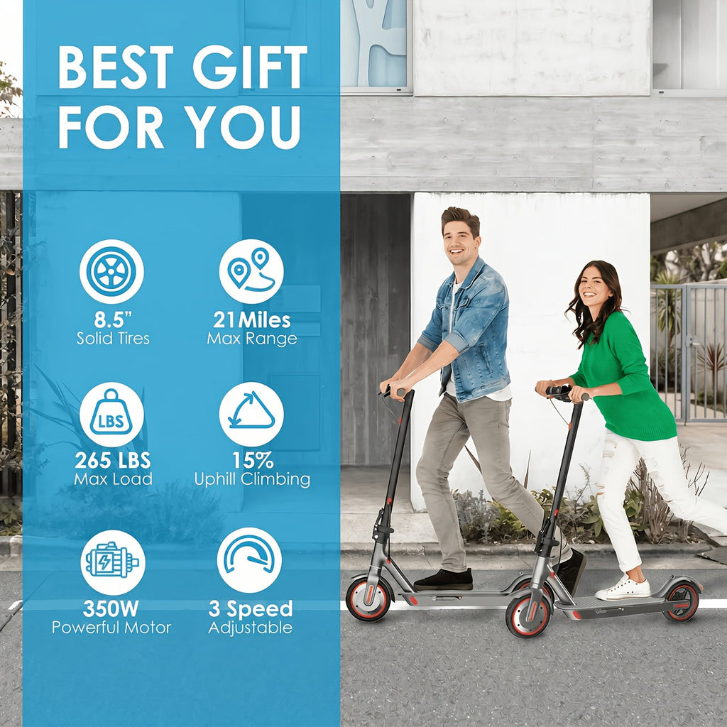 Electric Scooter for Adults with 350W Motor - 19 MPH Top Speed, 21-Mile Range, 8.5" Solid Tires, Foldable Commuter E-Scooter with App Control, Dual Brake System & LED Lights | Portable Folding Design