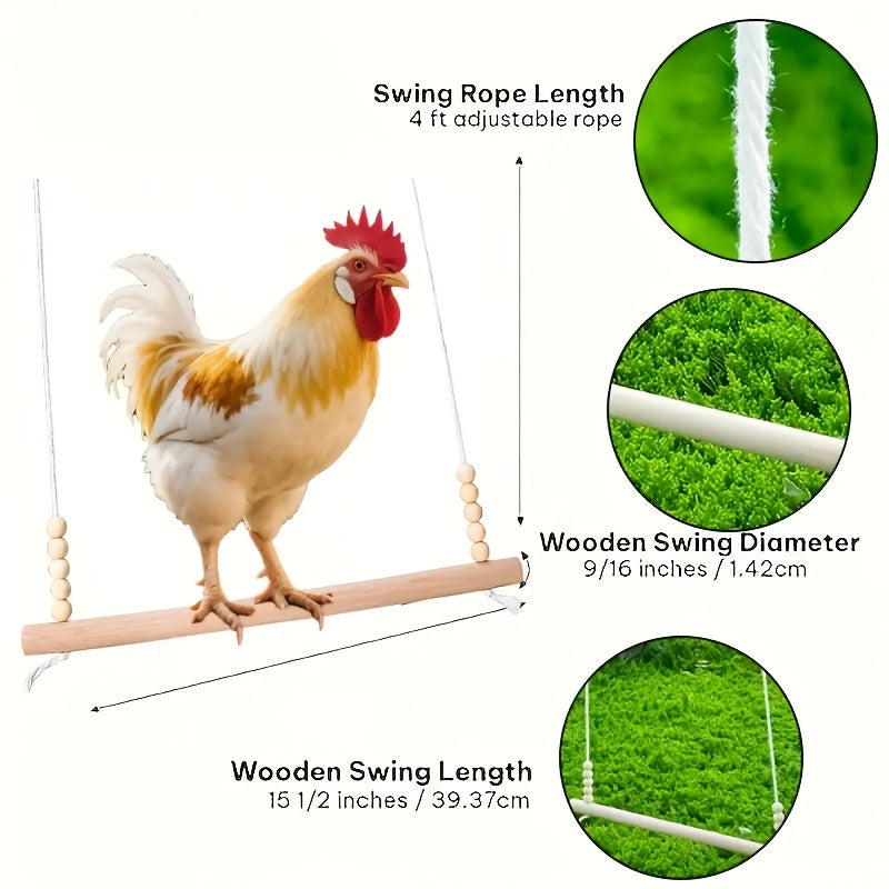 Wooden Chicken Swing Toy, Natural Handmade Tangle-Free Bird Stand with Elastic Rope Beads for Chickens, Ducks, Parrots, Poultry, Farmhouse Coop Accessory, Large and Durable
