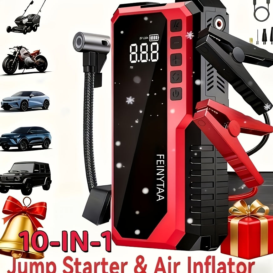 Jump Starter with Digital Tire Inflator, 5000A/10000A Peak, Multi-Function Car Jump Box with Smart Battery Clamps, LED Flashlight, and Power Bank, Emergency Kit for Car, RV, and Motorcycle