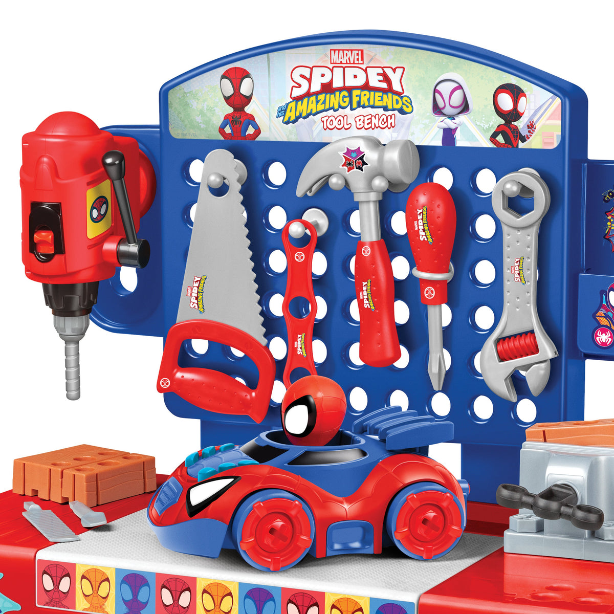 Spidey and His Amazing Friends Tool Bench Playset 55 Pieces with Take-Apart Spidey Car & Real Working Toy Tools for Kids