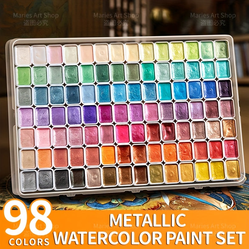 98-Color Metallic Shimmer Watercolor Paint Set, Premium Pearl Pigments in a Portable Case, High Lightfastness for Canvas Illustration, Scrapbooking, Decoration, and Art Supplies for Artists and Hobbyists