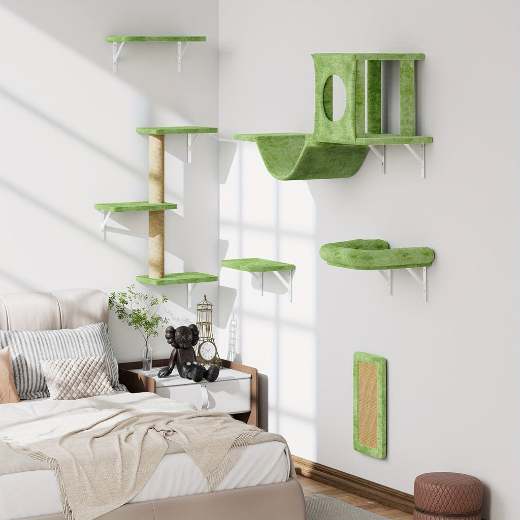 7-Piece Wall-Mounted Cat Climbing Shelf Set – Deluxe Indoor Cat Furniture with Cat Condo, Wall Shelves, Scratching Post, Bridge Ladder & Tunnel, Space-Saving Cat Wall Playground for All Cat Sizes