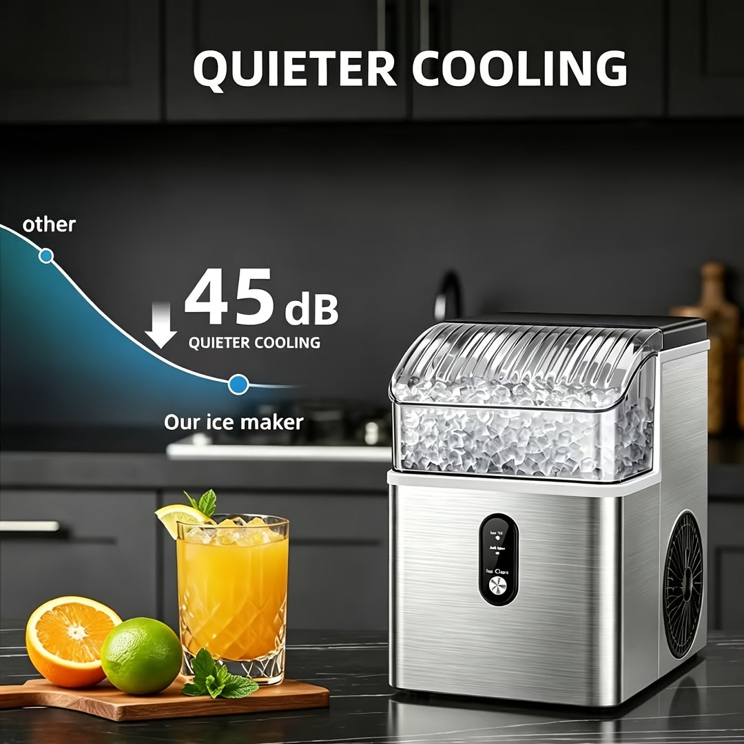 Countertop Nugget Ice Maker 35Lbs/Day 2025 Upgraded, Self-Cleaning Pebble Ice Maker with Stainless Steel Housing, One-Click Operation & Water Reservoir, Soft Chewable Pellet Ice for Home & Kitchen, Black Gray Steel