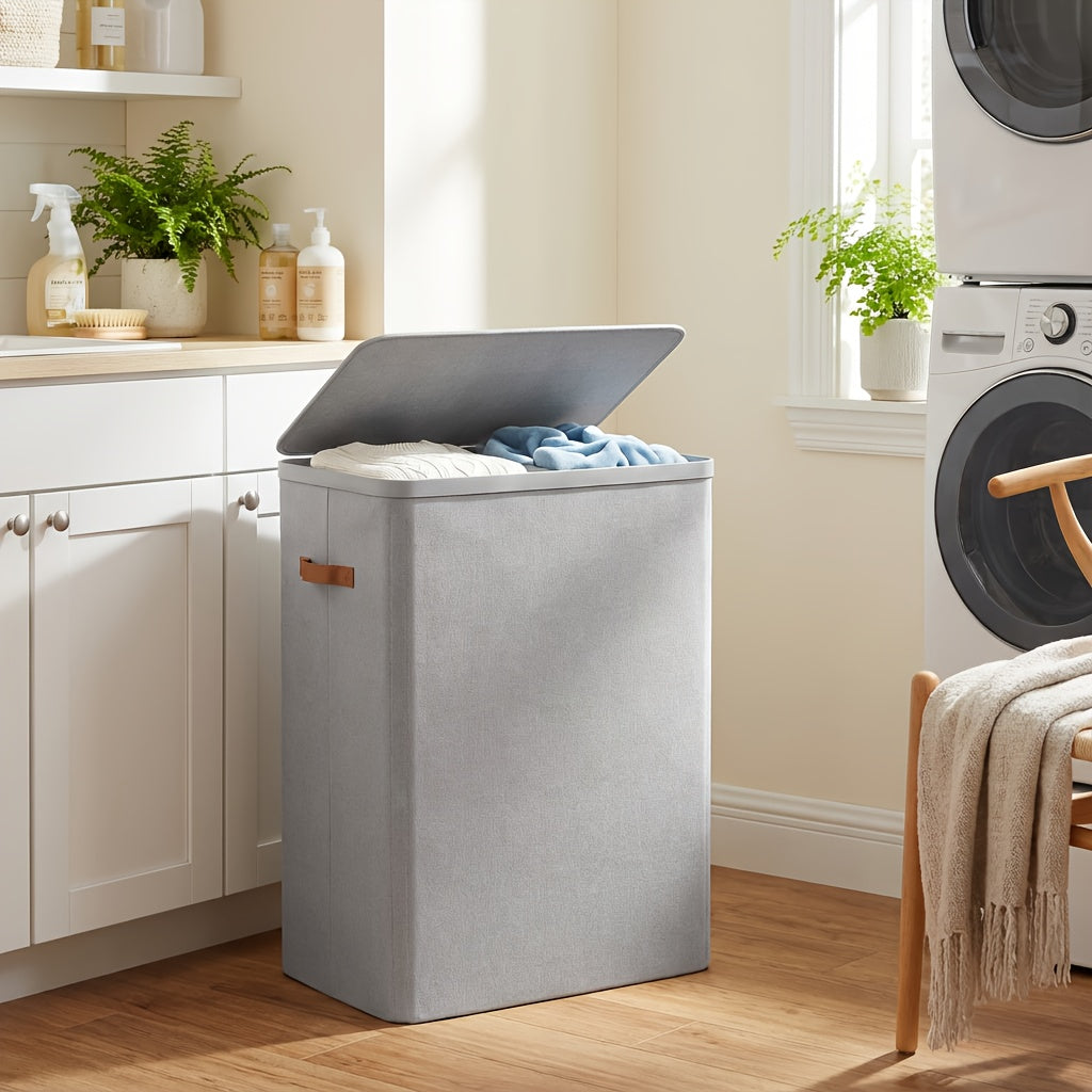 44.9 Gal Large Capacity Laundry Hamper with Lid & Handles Dual Removable Compartment Bags Fiberglass Rod Frame Easy Assembly – Dove Gray Ink Black Beige