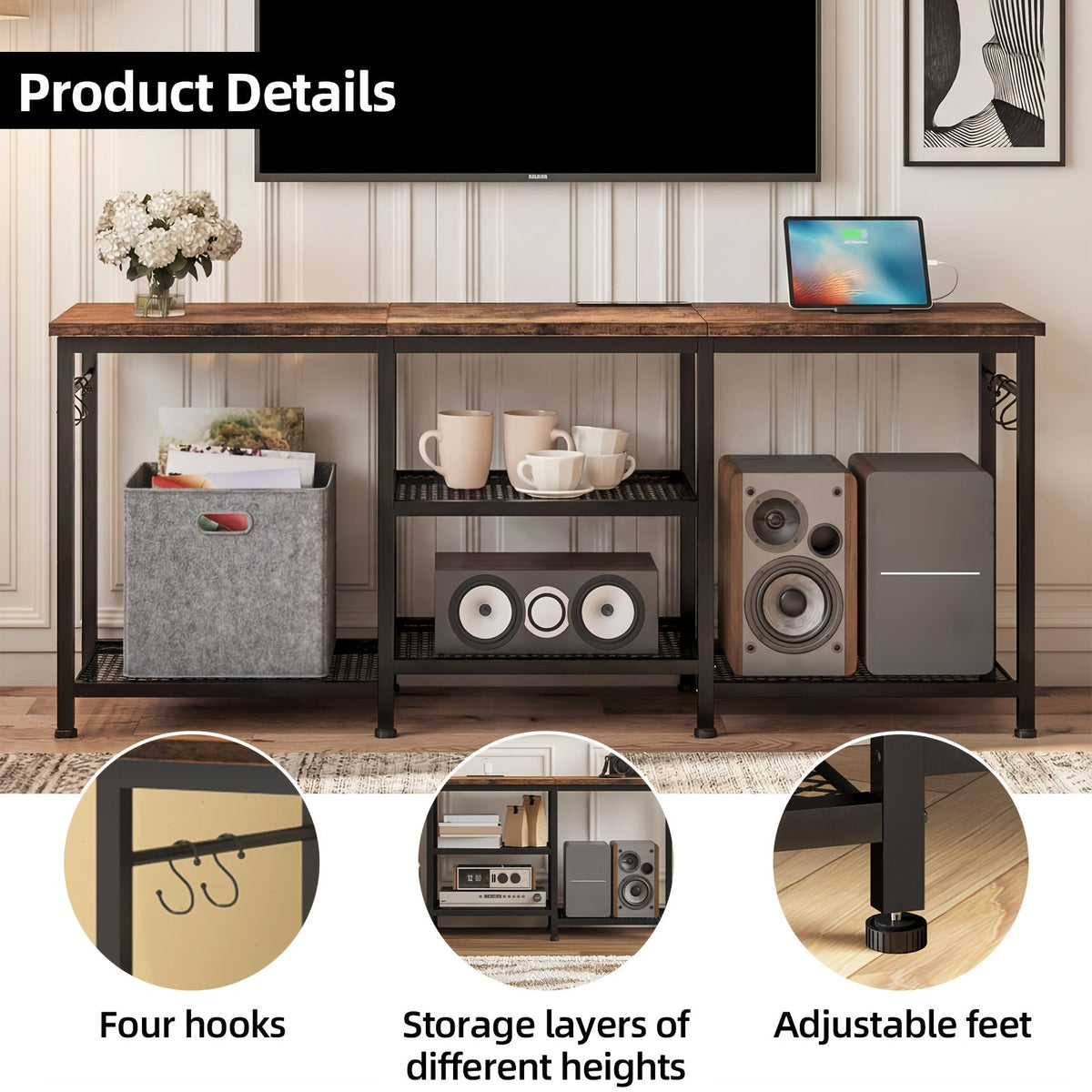 TV Stand with LED Lights for 32–55 Inch TVs – Industrial Entertainment Center Open Shelves Fabric Drawer Wood & Metal Media Console for Living Room Bedroom in Brown & Black