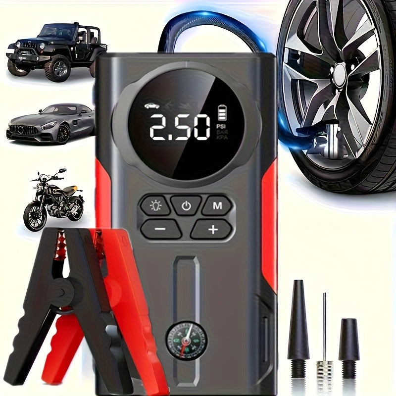 Portable Car Jump Starter Kit Multi-Function 12V Battery Booster with LED Flashlight, SOS Rescue Light, and Air Pump for Cars, Trucks, and Emergency Power Accessories