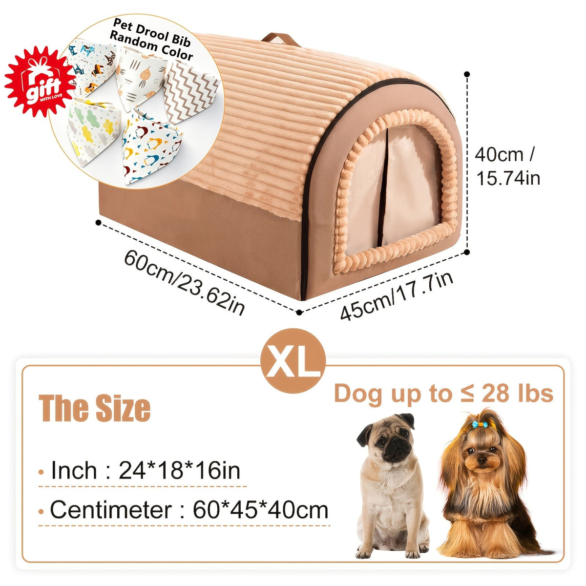 Foldable 2-in-1 All-Season Cave Dog Bed – Fully Enclosed Covered Pet House with Handle, Soft Fluffy Non-Slip Washable Nest for Large, Medium & Small Dogs and Cats – Free Drool Bib – Velora