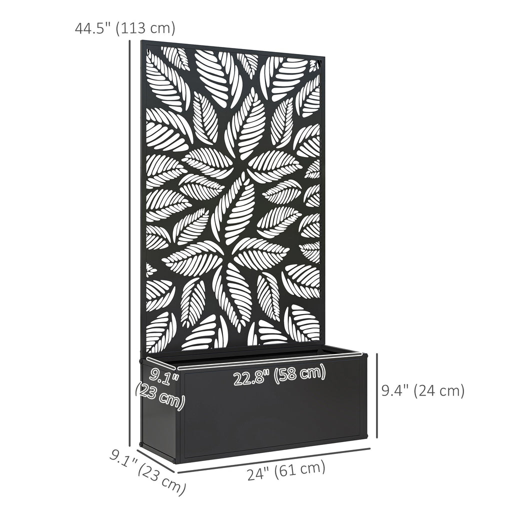 Metal Raised Garden Bed with Trellis & Privacy Panel, 8 Gallon, 24"x9.1"x44.5", Leaf Cutout Design, Drainage Slots, Freestanding or Wall Mount, Powder-Coated, for Garden, Patio & Balcony