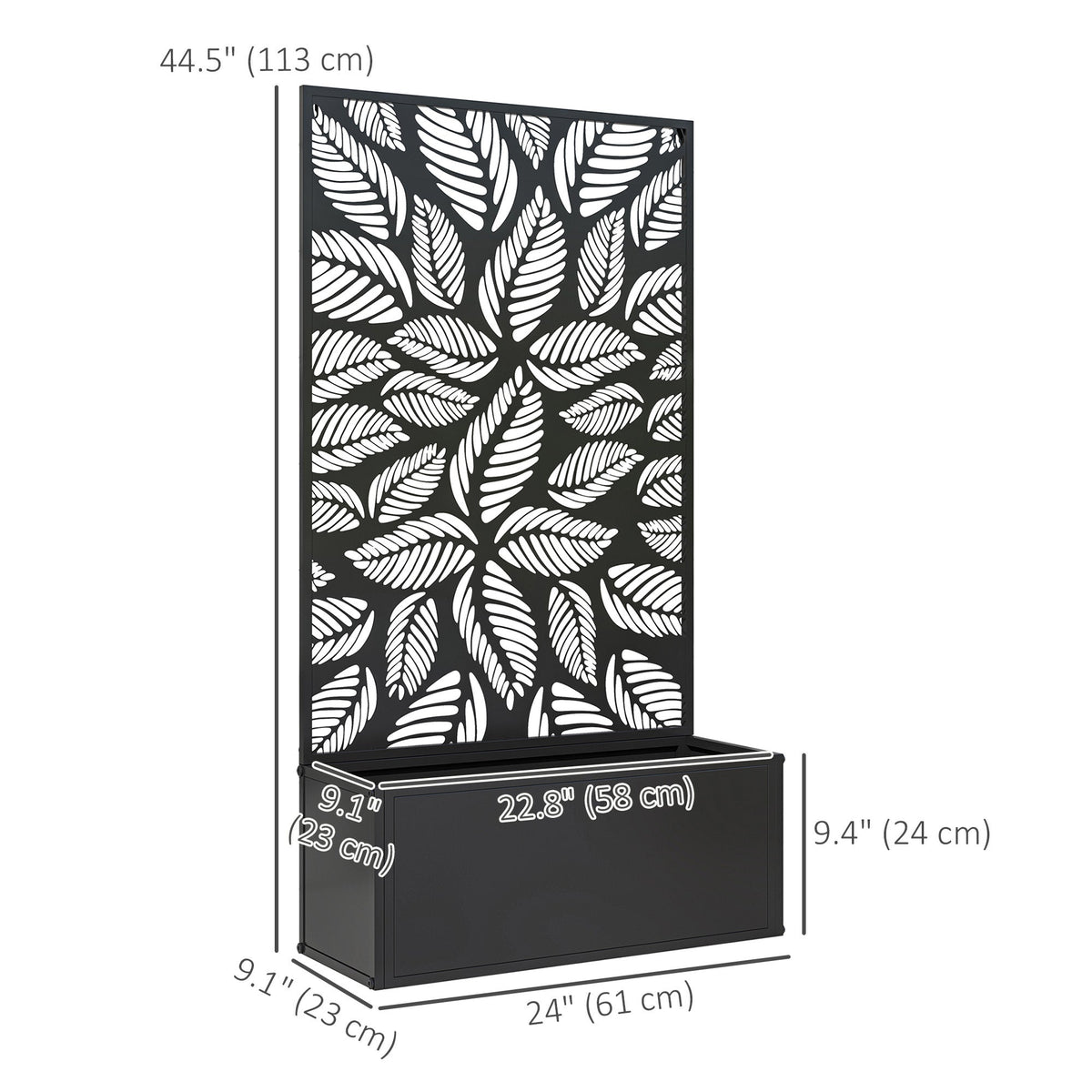 Metal Raised Garden Bed with Trellis & Privacy Panel, 8 Gallon, 24"x9.1"x44.5", Leaf Cutout Design, Drainage Slots, Freestanding or Wall Mount, Powder-Coated, for Garden, Patio & Balcony