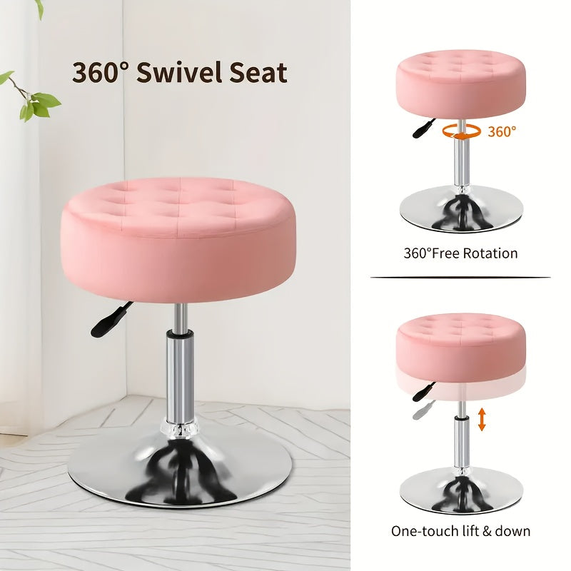 Tufted Velvet Round Swivel Stool 360 Degree Height Adjustable Makeup Vanity Stool Sturdy Metal Frame for Bedroom Bathroom Living Room Apartment Dorm Pink Black 16.5x16.25x20.5 Inch
