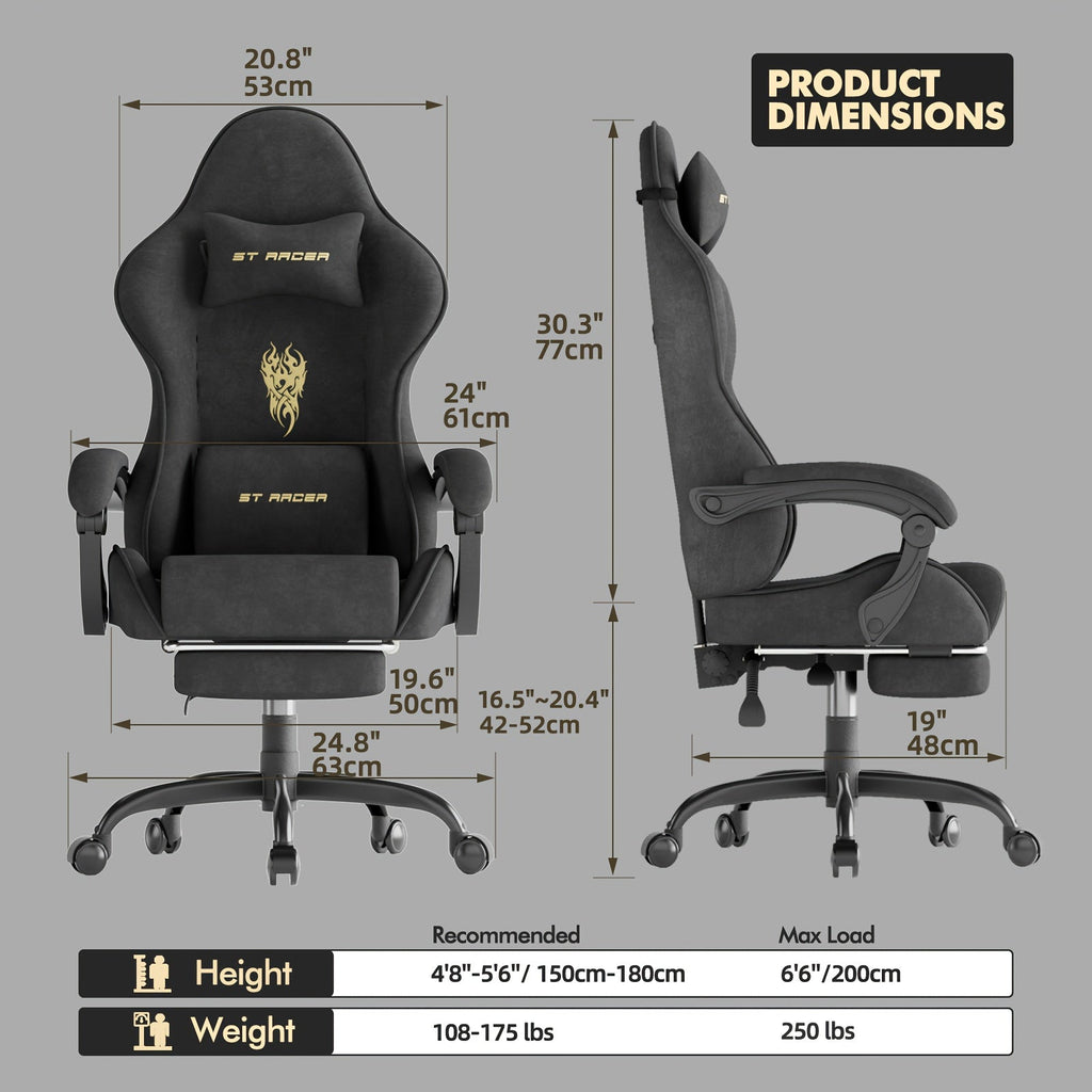 Velvet Fabric Gaming Chair with Footrest & Massage Lumbar Cushion – High Back Ergonomic Gamer Chair for Adults, Breathable Fire Embroidery Velvet, 5 Colors: Black Red Blue Gray Green Beige – Nova Mart