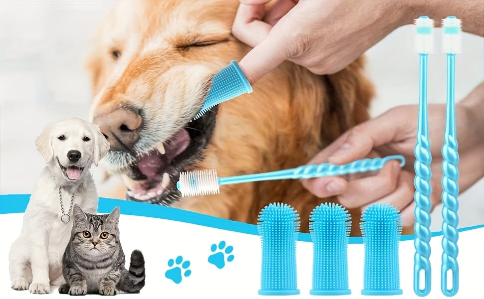 3-Piece Pet Dental Care Silicone Toothbrush Set, 360° Finger Brush & Micro-Ciliated Brush for Dogs & Cats, Soft, Gentle, No Battery Required