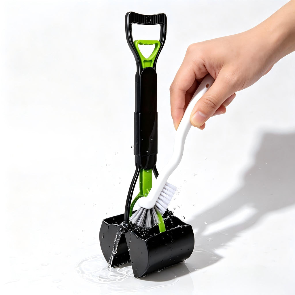 Portable Foldable Dog Poop Scooper with Cleaning Brush - Strong Serrated Clamp Waste Grabber for Yards, Lawns & Gravel, No-Dead-Angle Pet Waste Pickup Tool, High-Strength Durable Design
