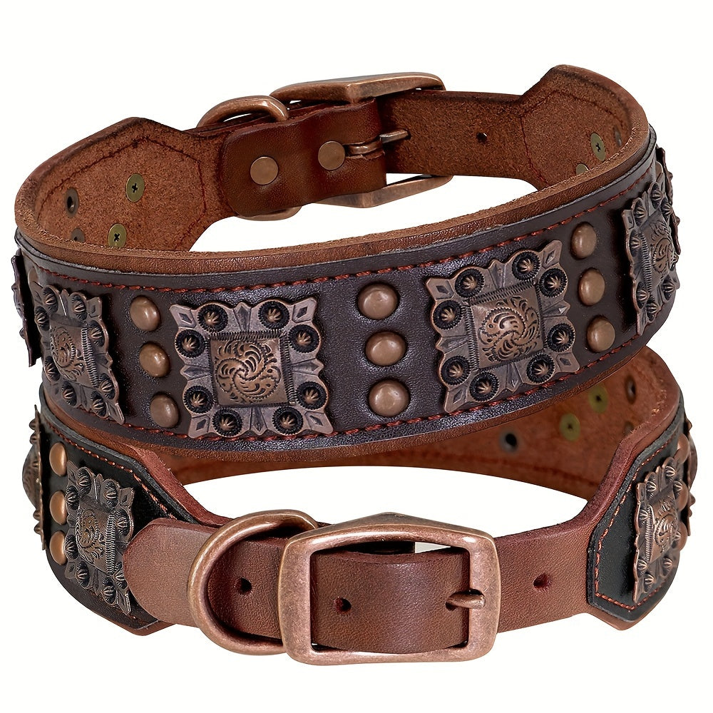 Heavy Duty Studded Leather Dog Collar for Medium and Large Dogs - Durable Real Leather with Metal Studs, Adjustable L XL XXL, 8 Colors, Strong Dog Collar for Large Breed Training Walking
