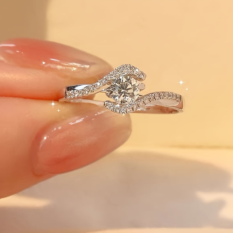 925 Sterling Silver Four-Prong Twisted Cubic Zirconia Engagement Ring – Hollow Spiral Band with CZ Inlay, Sizes 6-10, Valentine's Day Promise Ring Gift for Women
