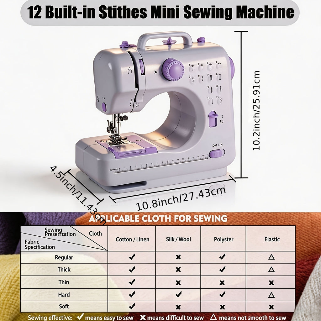 Electric Sewing Machine with 12 Built-In Stitches & Overlock Function - Automatic Thread Winding, Sewing Light, US Plug, Lightweight 2.2kg for Home School Daily Use, Beginners & Pros - Light Purple