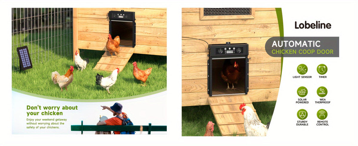 Automatic Chicken Coop Door, Solar Powered with Timer & Light Sensor – Aluminum Alloy Anti-Pinch Design, featuring a 4000mAh Battery, Solar Panel, and Remote Control for Poultry Management