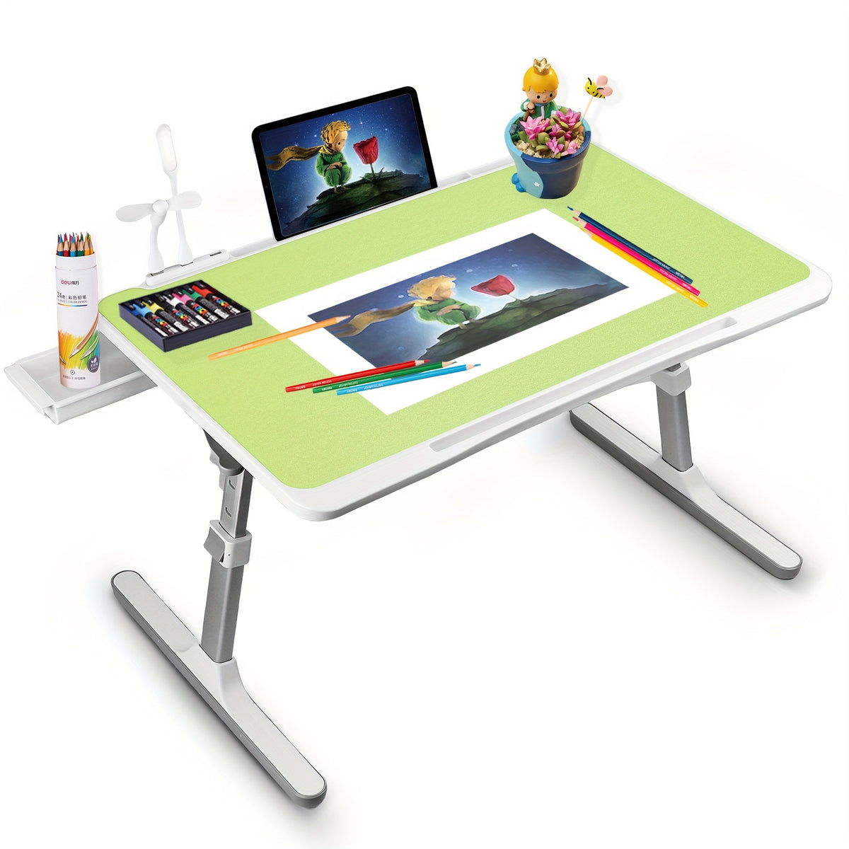 Lap Desk Bed Tray Table with USB Light, Fan & Drawer – Adjustable Portable Laptop Stand for Bed, Couch, Sofa; Laptop Desk for Reading, Writing, Eating – 10 Colors & Sizes