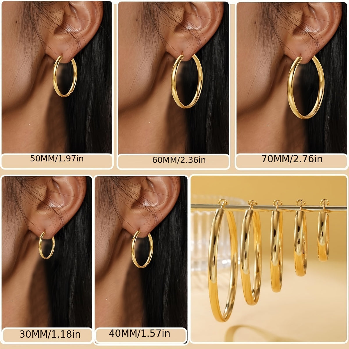 Women's 925 Sterling Silver Hoop Earrings – Hypoallergenic Thick Round Hoops, Gold & Silver, 5 Sizes 40mm–70mm, French-Style Jewelry for Daily Wear & Parties