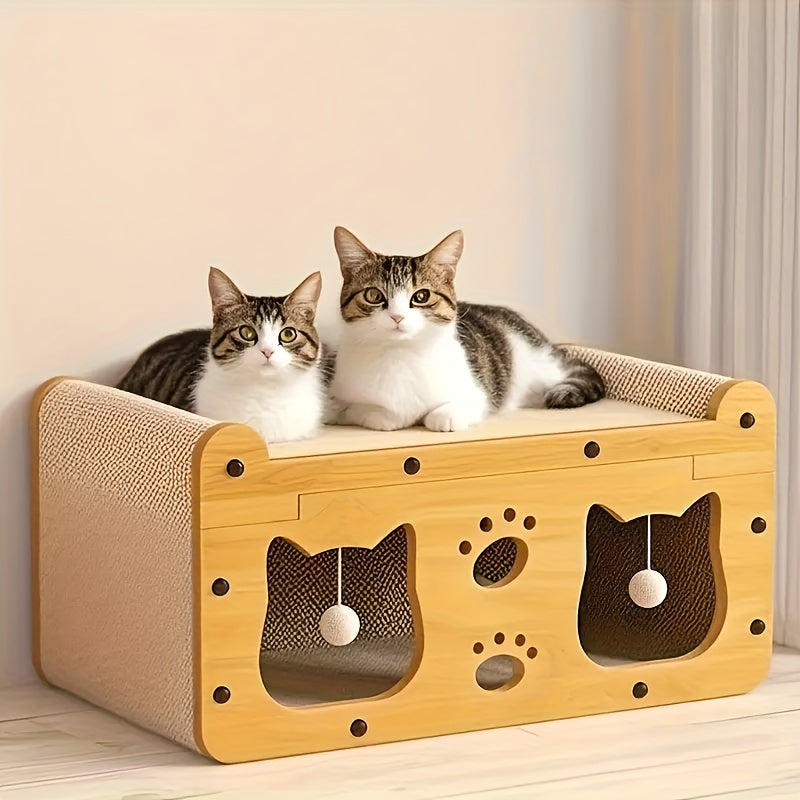 瓦楞纸猫抓屋——耐用猫窝与躲藏屋，附赠羽毛逗猫棒，通风式室内猫抓板，可选 17.7 英寸与 22 英寸两种尺寸