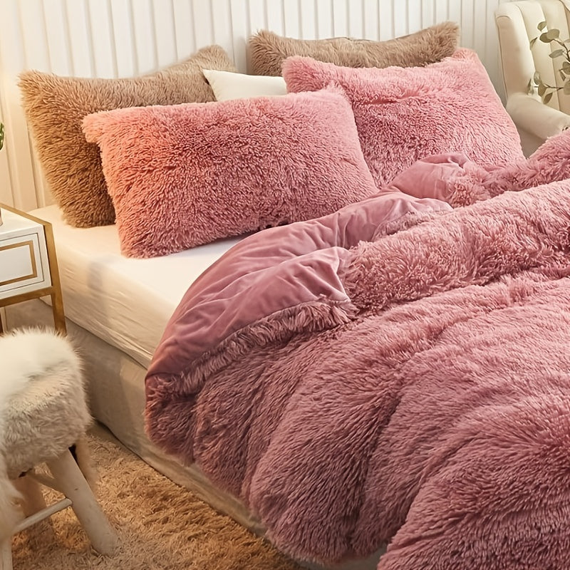 Plush Duvet Cover Set 3 Piece, Long Hair Knitted Polyester, Solid Color Fuzzy Comforter Cover with Zipper Closure, All-Season Soft Cozy Bedding Set for Bedroom, Multiple Colors Available