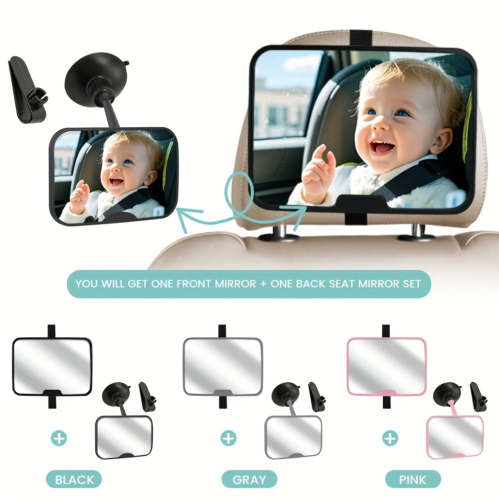 2-Piece Baby Car Mirror Set, 360° Rotatable Shatterproof Rear-Facing Car Seat Mirror & Clip-On Forward-Facing Mirror, Wide Crystal Clear View, Universal Fit, Black Gray & Pink