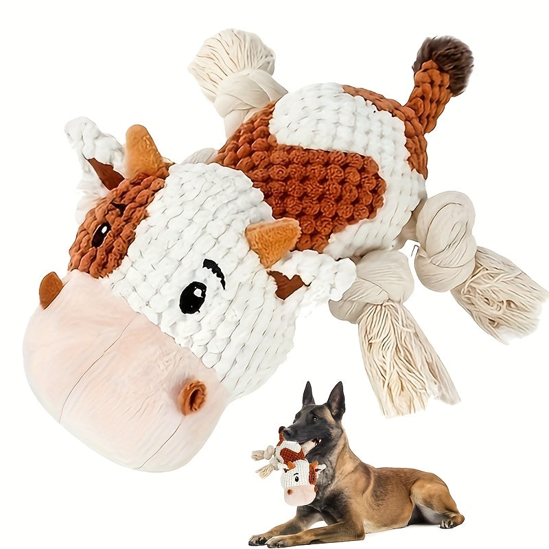 Squeaky Cow Dog Toy, Plush Interactive Tug-of-War with Crinkle Paper, IQ Training Chew Toy for Small, Medium, and Large Dogs, No Battery Needed, Anxiety Relief Pet Toy